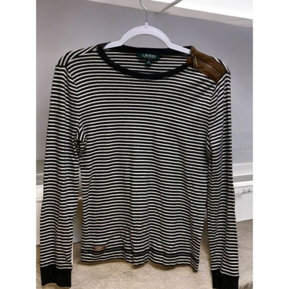 Lauren Ralph Lauren women's medium black white stripe FAUX suede elbow patch top